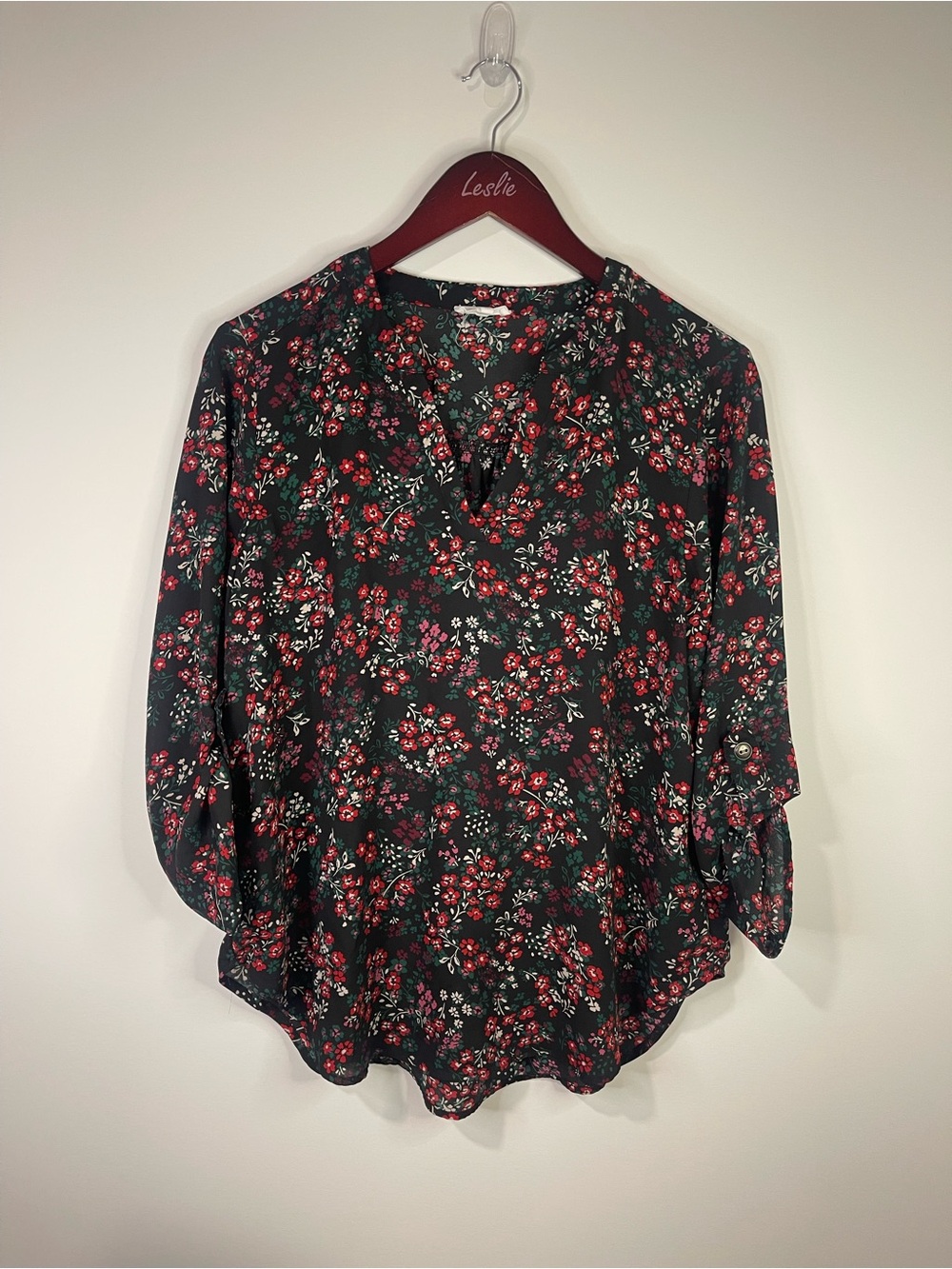Maurices Floral Split-Neck Blouse with Red and Pink Blooms
